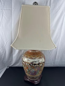 Vintage Satsuma-Style Table Lamp with Asian Scenic Design