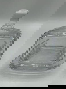 Abbot China Clear Glass Butter Dish: Square butter dish with domed lid and rounded finial, made of clear glass. Marked &#34;Abbot China&#34; on the base. Dimensions: H4in L3in W3in Medium: Pressed glass