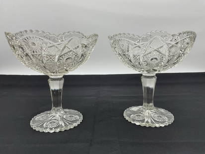 Pair of Pressed Glass Compote Dishes with Daisy and Button Pattern: Matching pedestal compotes featuring a scalloped edge and intricate daisy and button motif, likely Early American Pattern Glass (EAPG) style. Dimensions: H8in Dia7in Medium: Pressed glass