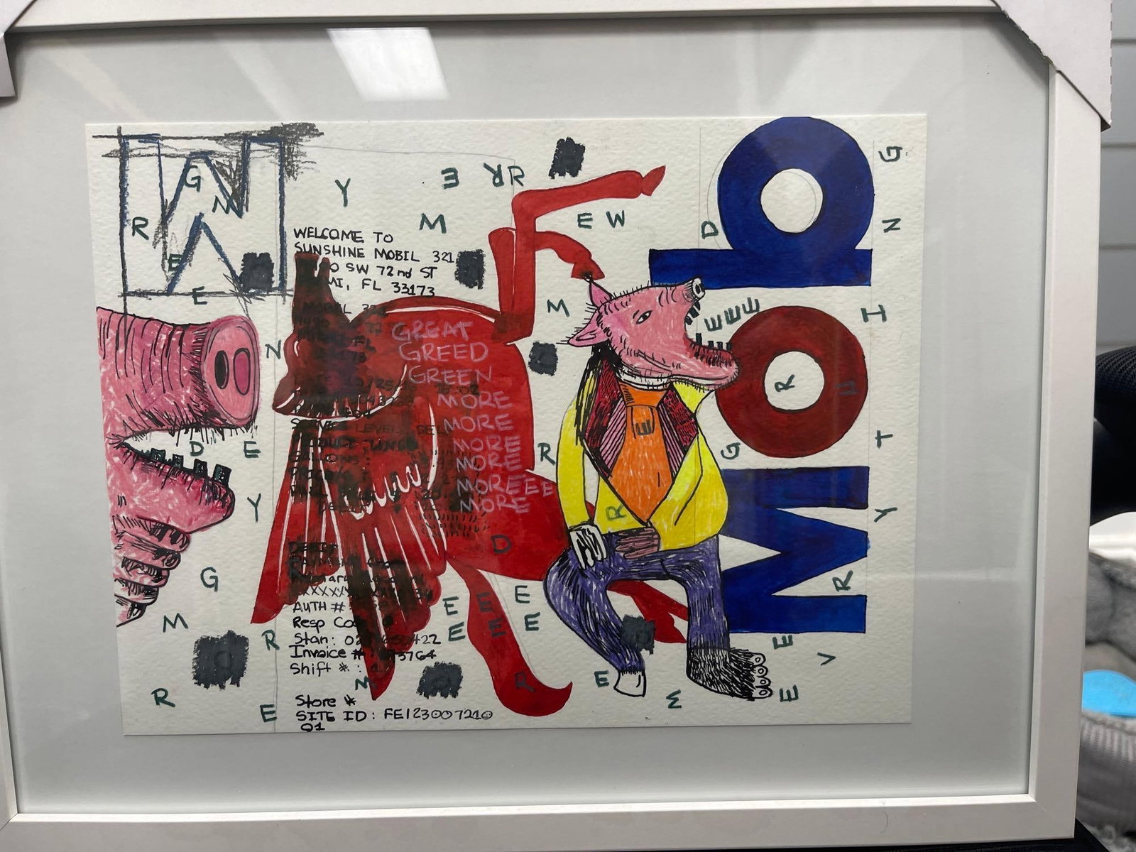 Greed More by Daniel Garcia: Contemporary mixed media artwork by Daniel Garcia featuring stylized animals and bold text commentary on consumerism and greed, including references to Miami and transactional receipts. Medium: Ink, m