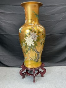 Large Hand-Painted Asian Porcelain Vase with Floral and Bamboo Motif