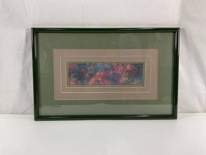 Framed Matted Abstract Print: A framed, matted print featuring a colorful landscape or nature-inspired scene. The artwork consists of intricate details, possibly depicting floral or natural elements. The color palette leans toward