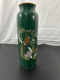 Vintage "Green Enamel Vase with Floral and Bird Motif" - Japanese