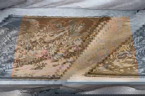 Antique Woven Tapestry - Saloon: A detailed antique woven tapestry showcasing a lively saloon scene with intricate details of people, furniture, and decor typical of the period. The rich textures and warm tones add a historical charm