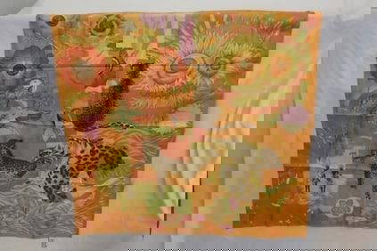 Salvatore Ferragamo Silk Scarf: A luxurious silk scarf by Salvatore Ferragamo featuring vibrant gold tones and a striking leopard print design. The intricate artistry showcases Ferragamo's signature blend of elegance and exotic