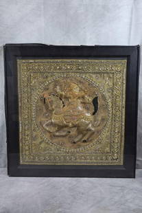 Burmese Kalaga Tapestry: This is a traditional Burmese Kalaga tapestry, showcasing intricate embroidery work featuring gold and silver threads, along with vibrant beadwork and sequins. The detailed patterns depict mythologica