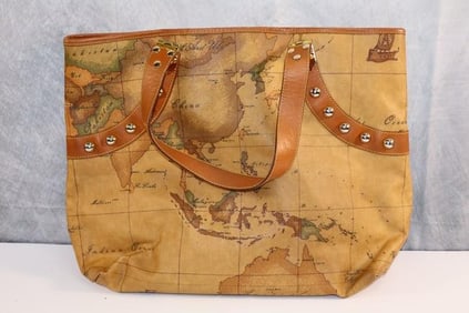 Alviro Martini Italian Leather Bag, World Map Print