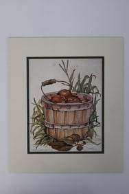 "Bushel of Apples" by Keith Martin Johns (230/950): "Bushel of Apples" is a limited edition print by renowned American artist Keith Martin Johns. The artwork captures a rustic still-life composition featuring a wooden bushel filled with freshly picked