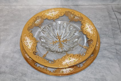 Murano Venezia Hand painted gilt glass bowl and plate set