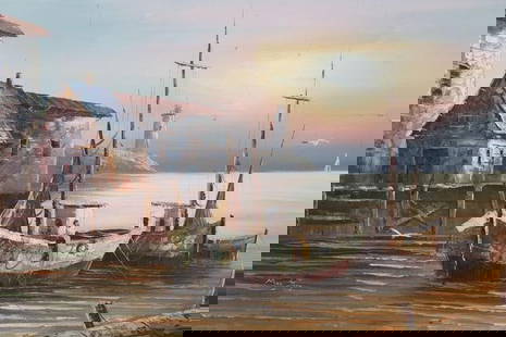 "Golden hour" signed Max Savy: Canvas seascape featuring two sailboats in the harbor just as the sun is setting. Faint lighthouse in the background. Calming painting fit for any home or office. H30in L41in