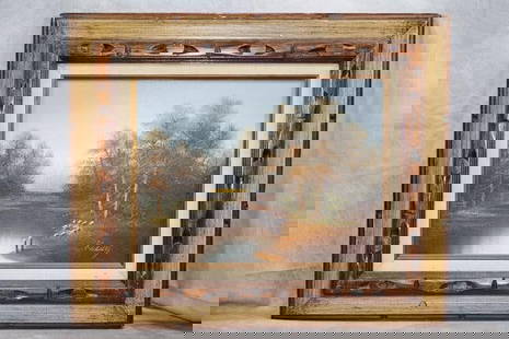"Serenity" signed Koenig: Beautifully detailed painting captures a tranquil riverside scene surrounded by lush trees and a serene sky. Timeless piece for art lovers and collectors alike, H20in L24in