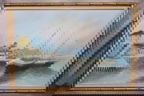 "Seaside" artist unknown: Lively painting featuring contrasting colors creating depth and richness. Featuring sailboats docked at harbor reflecting against the waves. Perfect piece to add to any collection, H25in L29in