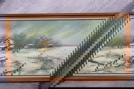 "Snowy Winter" signed Neiman: Winter scene, oil on canvas, signed Neiman, H30in L54in