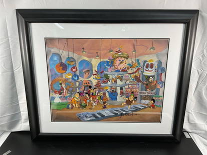 The Flinstones Hanna-Barbera Signed Limited Edition Cel: A vibrant, hand-painted limited edition animation cel featuring characters from The Flintstones and other classic Hanna-Barbera cartoons in a lively prehistoric shopping mall titled "FAO QUARTZ