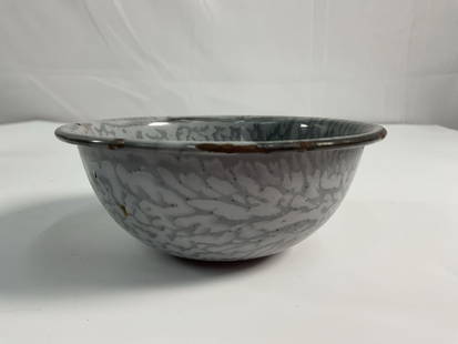Graniteware sauce pan no cover - Box 15: A small vintage enamelware bowl with a distinctive gray and white mottled or marbled pattern, commonly referred to as graniteware or speckleware. These bowls were widely used in the late 19th to mid-2