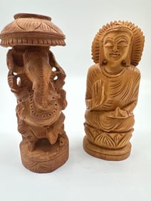 Pair of Hand-Carved Indian Wood Figures