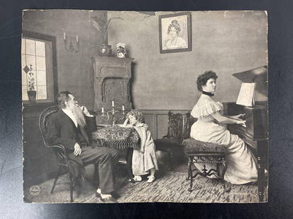 "Memories" – Antique Photogravure Print by P.W. Geurin: This is an early 20th-century photogravure print, likely from the late 1800s to early 1900s, depicting a sentimental domestic scene. The image features a well-dressed woman playing the piano, a man se