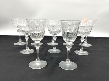 Set of 10 Etched Crystal Stemware Glasses