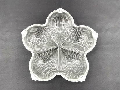 Mikasa Warming Crystal Divided Bowl: Description: Clear glass divided serving bowl by Mikasa in a floral clover shape with ribbed texture and petal-like contours. Marked “Mikasa Warming Crystal West Germany.” Dimensions: H: 2in