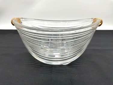 Ribbed Glass Bowl with Gold-Tone Dolphin Handles