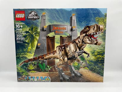 RETIRED - LEGO Jurassic Park: T. rex Rampage Set 75936: Large LEGO set featuring the iconic Jurassic Park gate and a detailed, poseable T. rex dinosaur. Includes scenes and minifigures from the original film, including characters like John Hammond, Ian