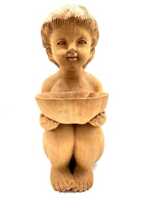 Carved Wood Child Holding Bowl Statue