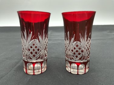 Pair of Bohemian Ruby Cut-to-Clear Crystal Glasses