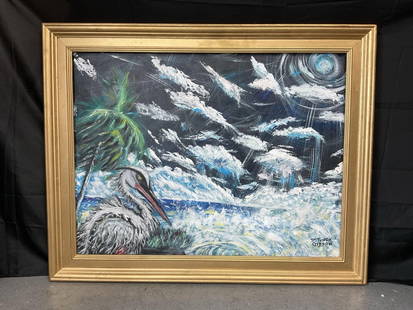 Seaside Heron by D. Tynes Gibson(American, b.1985) Oil on Canvas: Description: Original one of a kind artwork of a tropical river scene by local Floridian artist Dominique Tynes Gibson. She is the niece of one of the members of the renowned group of artists known as
