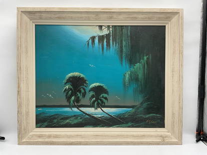 Florida Highwaymen James Gibson (American, b.1938) Oil on Board: Description: Original one of a kind piece by renowned Florida Highwaymen artist James Gibson. This piece comes from the personal collection of D. Tynes Gibson, accomplished artist and niece of James G