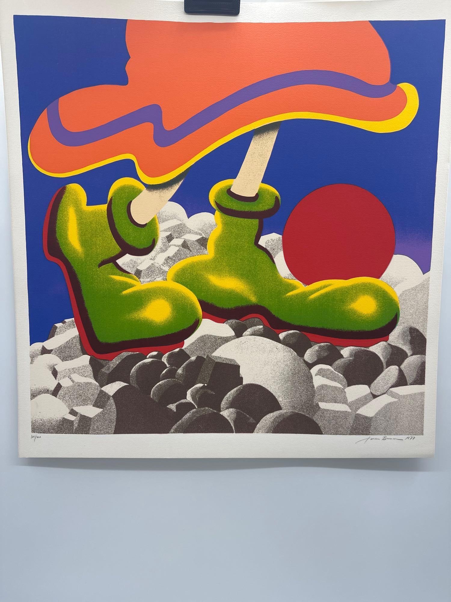 Jack Brusca Girl With Beachball Hand Signed Numbered ART: Colorful surreal image featuring green boots, a large red hat, and abstract landscape elements Artist: Jack Brusca Title: Girl with Beachball Medium: Silkscreen Signed