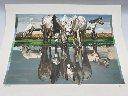 Fran Bull Horses of the Camargue Hand Signed & Numbered ART: Realistic depiction of white horses drinking from a reflective pond in a rural setting Artist: Fran Bull Title: Horses of the Camargue Medium: Silkscreen