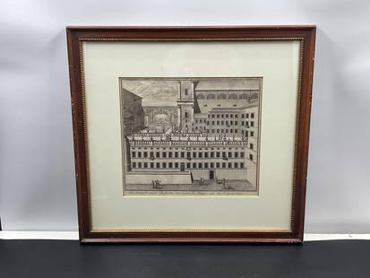 Johann Christophe Volckamer (German, 1644-1740) Engraving: Detailed black and white architectural engraving depicting the princely residence and gardens in Passau, Germany. The scene showcases classical European baroque architecture, with carefully drawn balu