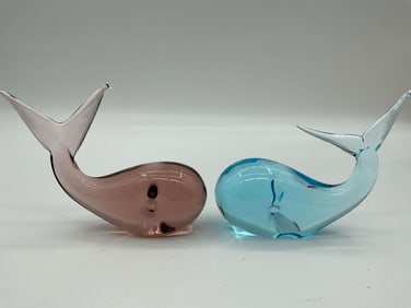 Pair of Art Glass Whale Figurines