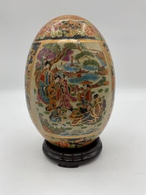 Decorative Satsuma-Style Ceramic Egg with Scenic Motif