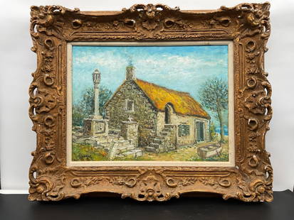 "Brittanys Church" by Alois Lecoque(Czechoslovakia, B.1891-1991) Oil on Canvas: Alois Lecoque was born in Prague and was known for his beautifully colored post-impressionist paintings. His work ranged from still life to harbor life to the city views of Prague. He painted magnific
