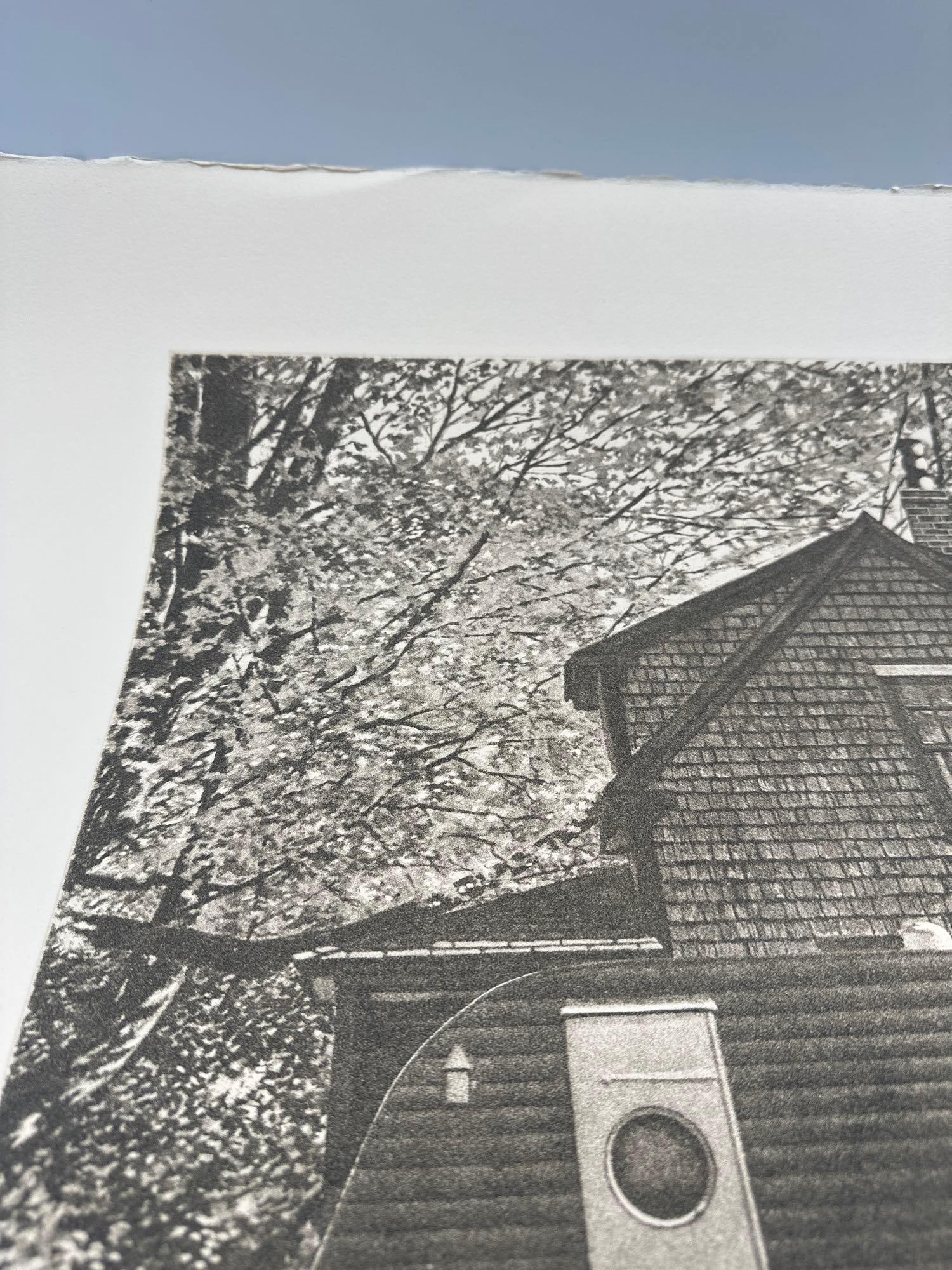 John Baeder House W/ Trailer H/S Numbered Photo Realist ART: Black and white image of an old rural gas station attached to a wood-sided house, surrounded by trees Artist: John Baeder Title: House With Trailer Medium: Screenprint