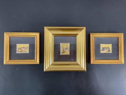 Trio of Miniature Lithographs On Gold leaf: This set features three small framed artworks, each displayed within a classic, gold-toned frame with black matting. The pieces are miniature in scale, showcasing finely detailed scenes in warm yellow