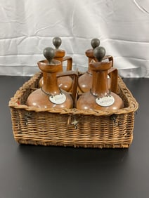 Antique Doulton Lambeth Ceramic Liquor Decanter Set with Pewter Tags - 1800's