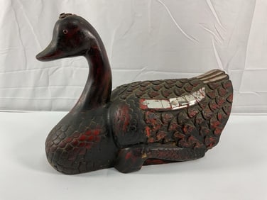 Antique Tessellated Hand-Carved Vintage Wooden Duck Sculpture