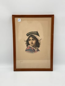 Antique Portrait of a Young Girl with Headscarf and Scroll Lithograph