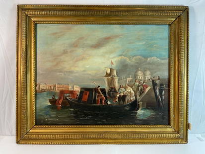 19th C. Italian Oil Painting: 19th century Italian painting of a royal boarding a gondola on the Venetian causeway. The painting is unsigned. Medium: Oil on Canvas  Dimensions: H:29in L:36in approx