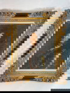 Louis XIV Antique Portait Oil on Canvas: Antique oil painting possibly from the 18th Century depicting Louis XIV in a suit of armor. The ornate wooden frame is elaborately carved with floral and scroll motifs, featuring gilded highlights and