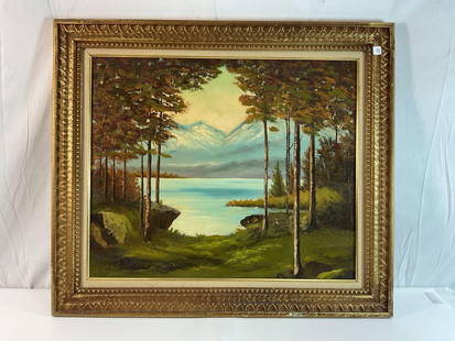 Vintage Mountain Landscape Oil Painting in Ornate Gold Frame: This is a hand-painted oil landscape painting, depicting a peaceful lake surrounded by trees, with majestic mountains in the background. The composition is well-balanced, with tall trees framing the s