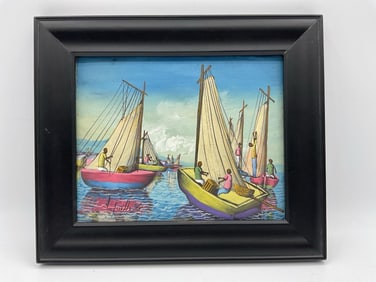 Sailboats at Sea by Raymond Lafaille (Haiti, b.1956)