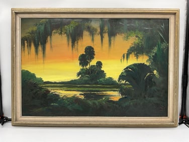 Florida Riverbank at Dusk by James Gibson (American, b.1938) Oil on Board