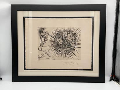 "Don Quichotte et l'oursin" by Salvador Dali (Spain, 1904-1989) RARE ETCHING: Description: Titled "Don Quichotte et l'oursin" by Salvador Dali, this is an extremely rare limited edition piece. Only 145 of these were ever made this being numbered 26/145 and published in 1965. Co
