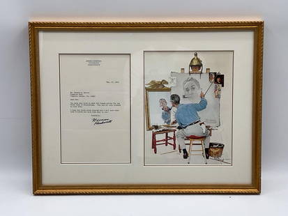 Norman Rockwell Self-Portrait with Typed Letter With COA: Description: Framed reproduction of Norman Rockwell’s iconic "Triple Self-Portrait" paired with a signed 1973 typed letter from Rockwell, includes COA from JSA authentication. Dimensions: H16in L20i