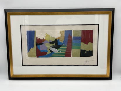 Cranberry Delight by Max Hayslette (American, 1929-2024) Lithograph: Description: Richly textured abstract print with layered geometric and organic shapes in deep reds, greens, blues, and gold. Features embossed detailing and signed in pencil by the artist. Edition 791