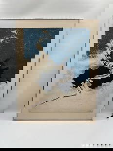 Abstract Composition by Yannick Balif (French, 1927-2009) Lithograph: Description: Organic abstract print featuring flowing lines through contrasting blue, black, and cream textures, evoking a topographic or riverine form. Numbered 33/60 and pencil signed by the artist.