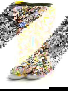 Colorful MacKenzie-Childs Style Mosaic Rain Boot Sculptures: Pair of whimsical rain boot sculptures covered in a vibrant mosaic of broken ceramic pieces featuring floral, stripe, checkerboard, and abstract patterns. Dimensions: H16in L9in W9in Medium: Mixed med